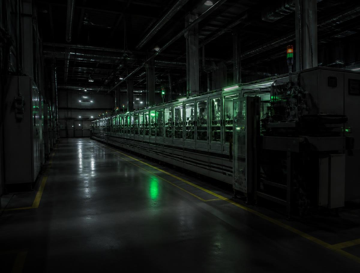 Production line inside a factory at night, machinery lit by low green-tinted lighting